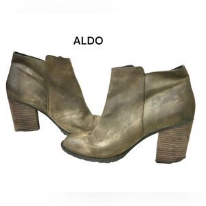 ALDO Olive Brown Leather Blocked Heel Zippered Western Ankle Boots Booties 10